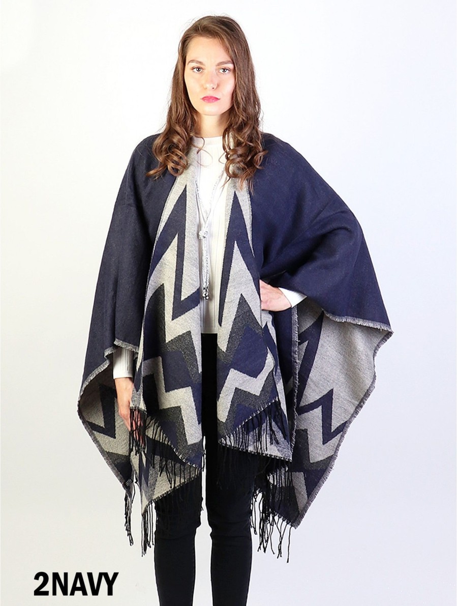 Clothing Sheer-essentials Vests, Wraps & Ponchos | Chevron Design Shawl W/ Fringe