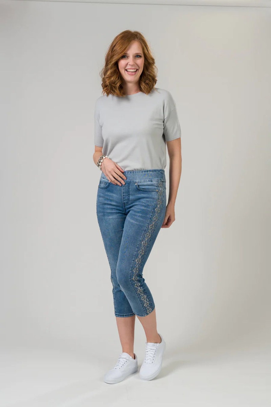 Clothing Sheer-essentials Plus Size | Pull On Comfort Jean Capri With Side Detail