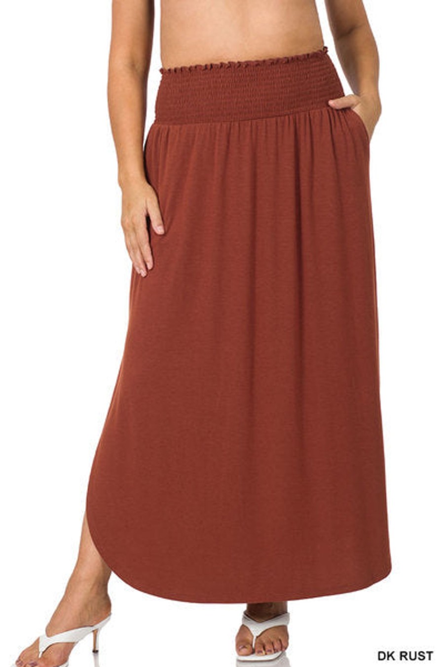 Clothing Sheer-essentials Skirts | Smocked Waist Side Slit Maxi Skirt With Pockets