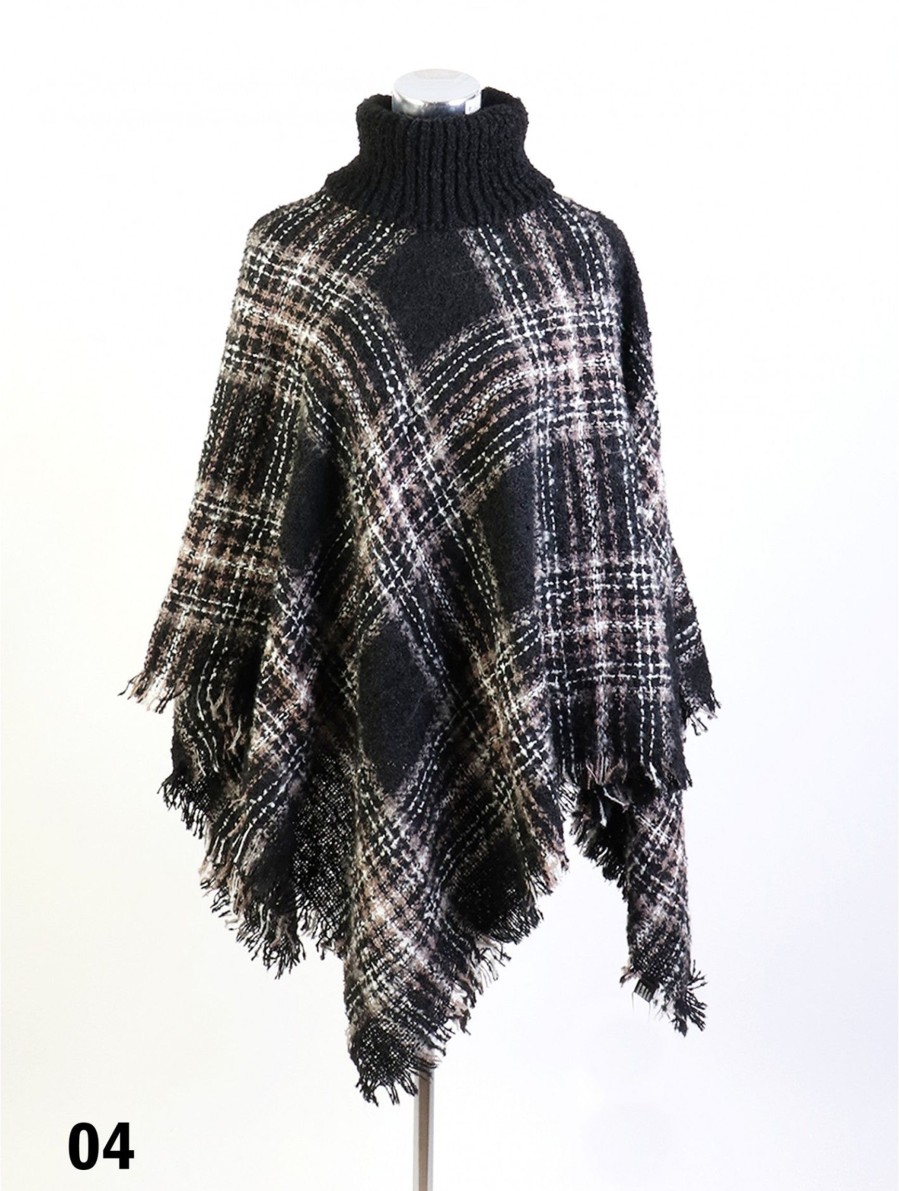 Clothing Sheer-essentials Vests, Wraps & Ponchos | Loose Neck Poncho W/ Big Plaid