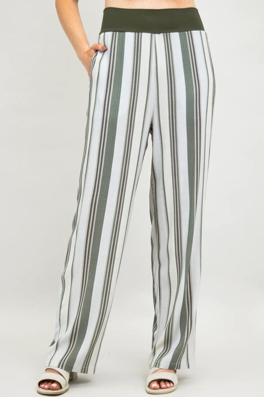 Clothing Sheer-essentials Pants | Landon Linen & Bamboo Pant - Khaki Stripes - Size Medium