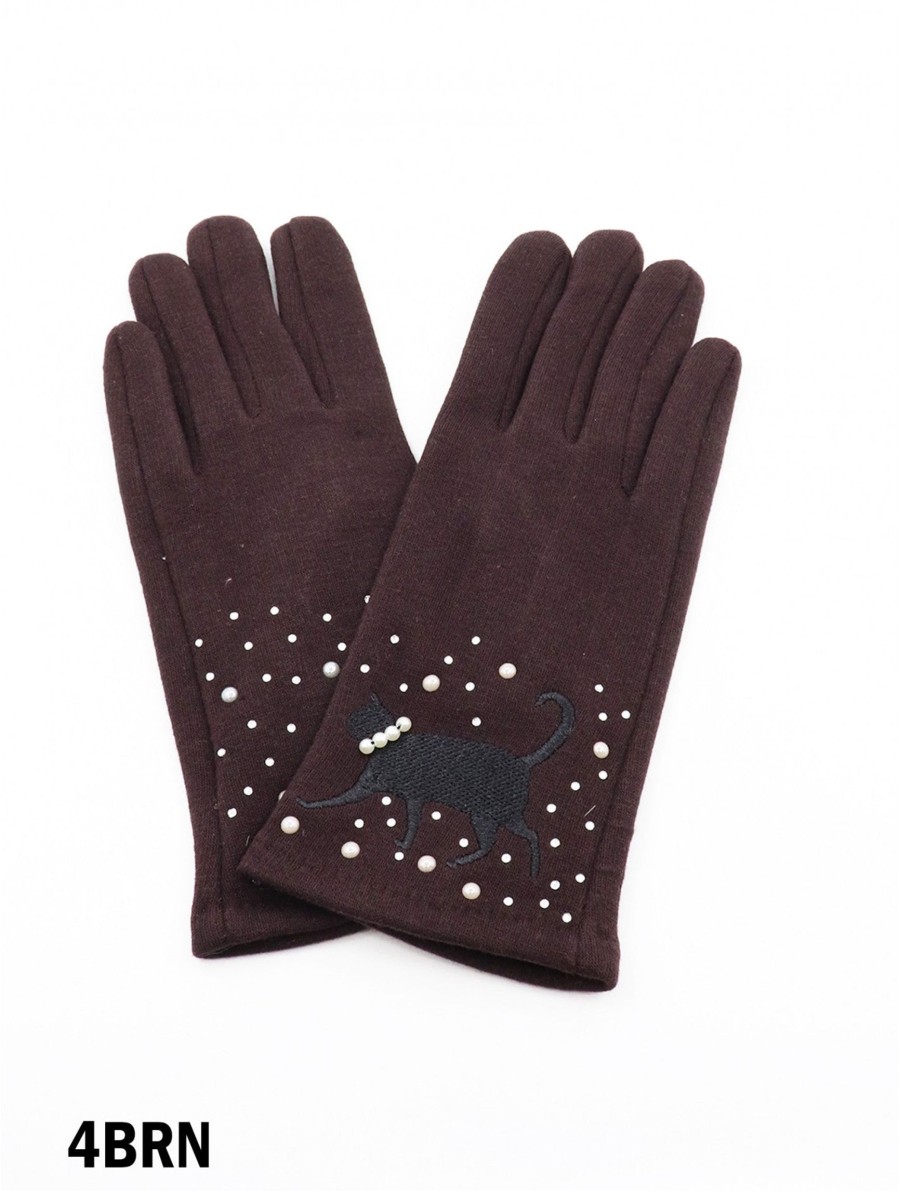 Accessories Sheer-essentials Gloves & Scarfs | Cat Print Touch Screen Glove W/ Rhinestone & Pearls