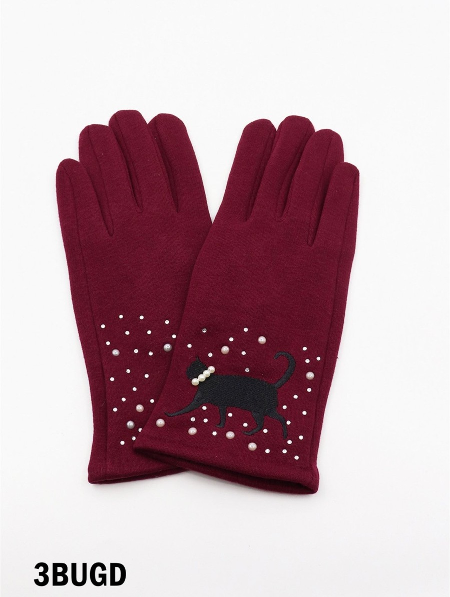 Accessories Sheer-essentials Gloves & Scarfs | Cat Print Touch Screen Glove W/ Rhinestone & Pearls