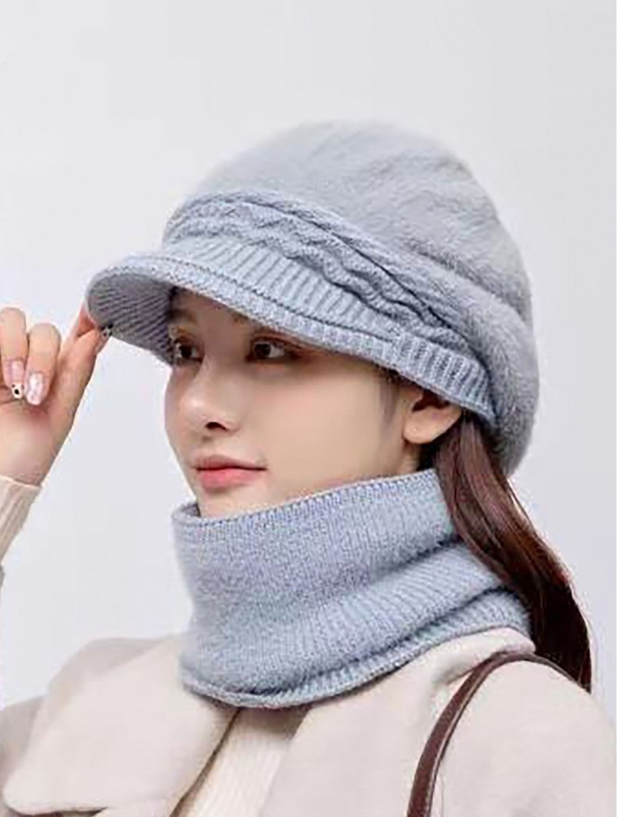 Accessories Sheer-essentials Gloves & Scarfs | Solid Colour Warm Beanie Hat W/ Visor Brim And Scarf Set