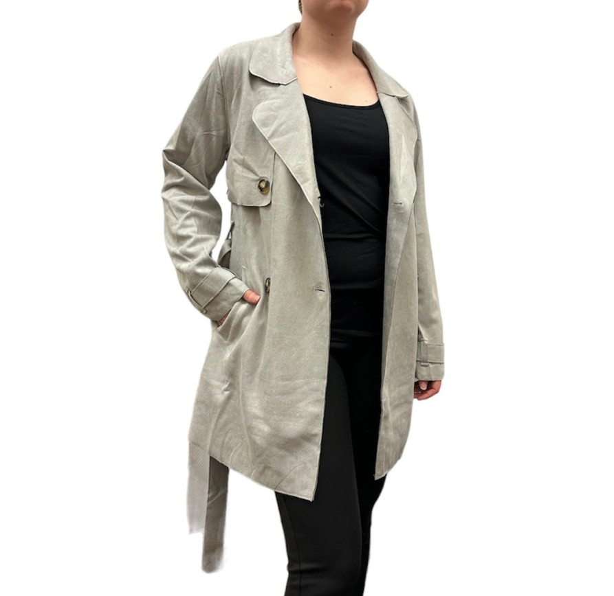 Clothing Sheer-essentials Plus Size | Collared And Belted Faux Suede Jacket