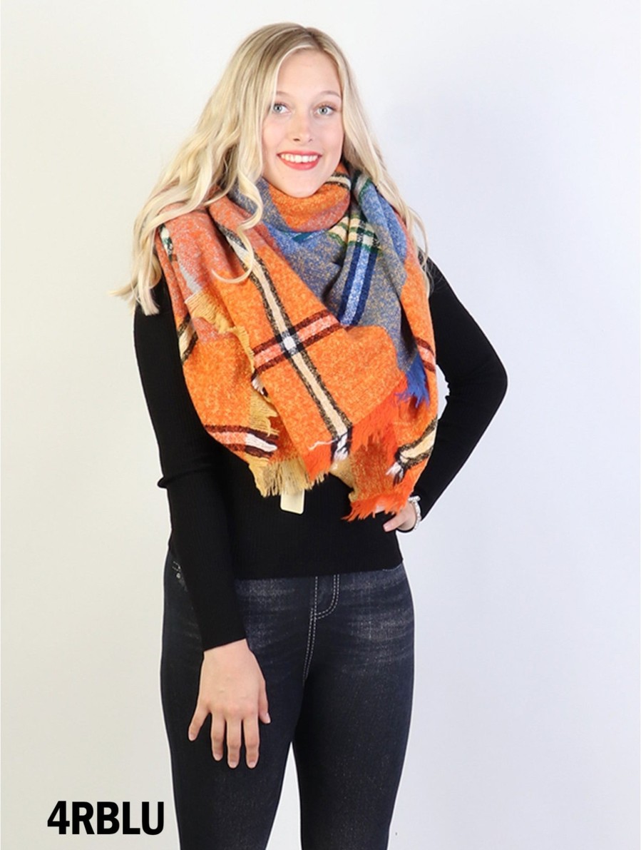 Accessories Sheer-essentials Gloves & Scarfs | Woven Plaid Patterned Blanket Scarf W/ Fringe