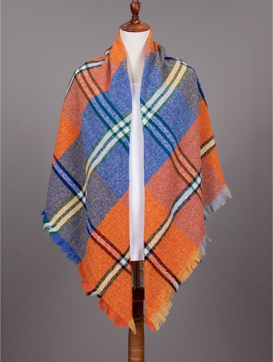 Accessories Sheer-essentials Gloves & Scarfs | Woven Plaid Patterned Blanket Scarf W/ Fringe