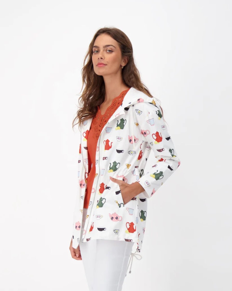 Clothing Sheer-essentials Rain Jackets | Hooded Tea Cup Print Parka Jacket