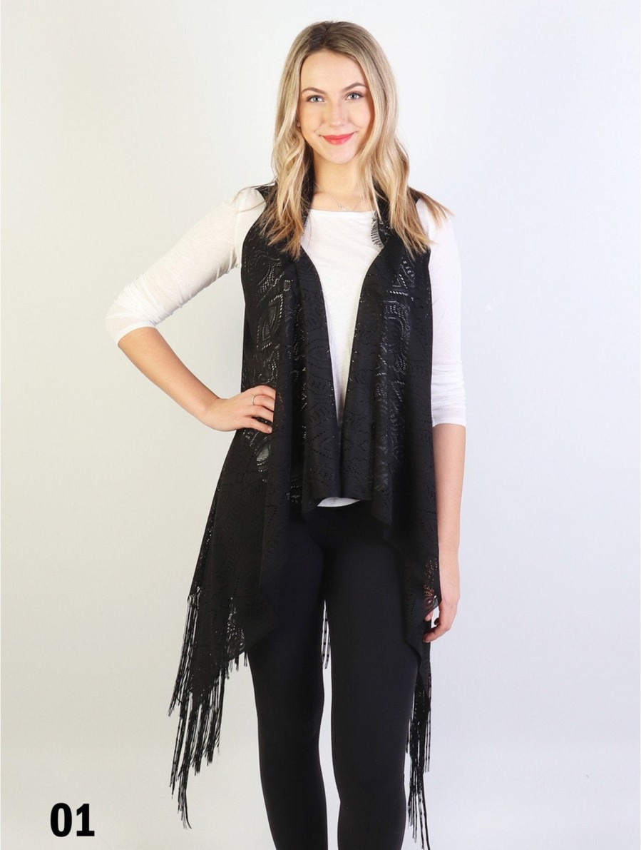 Clothing Sheer-essentials Vests, Wraps & Ponchos | Flowy Lace Vest With Fringe Detailing