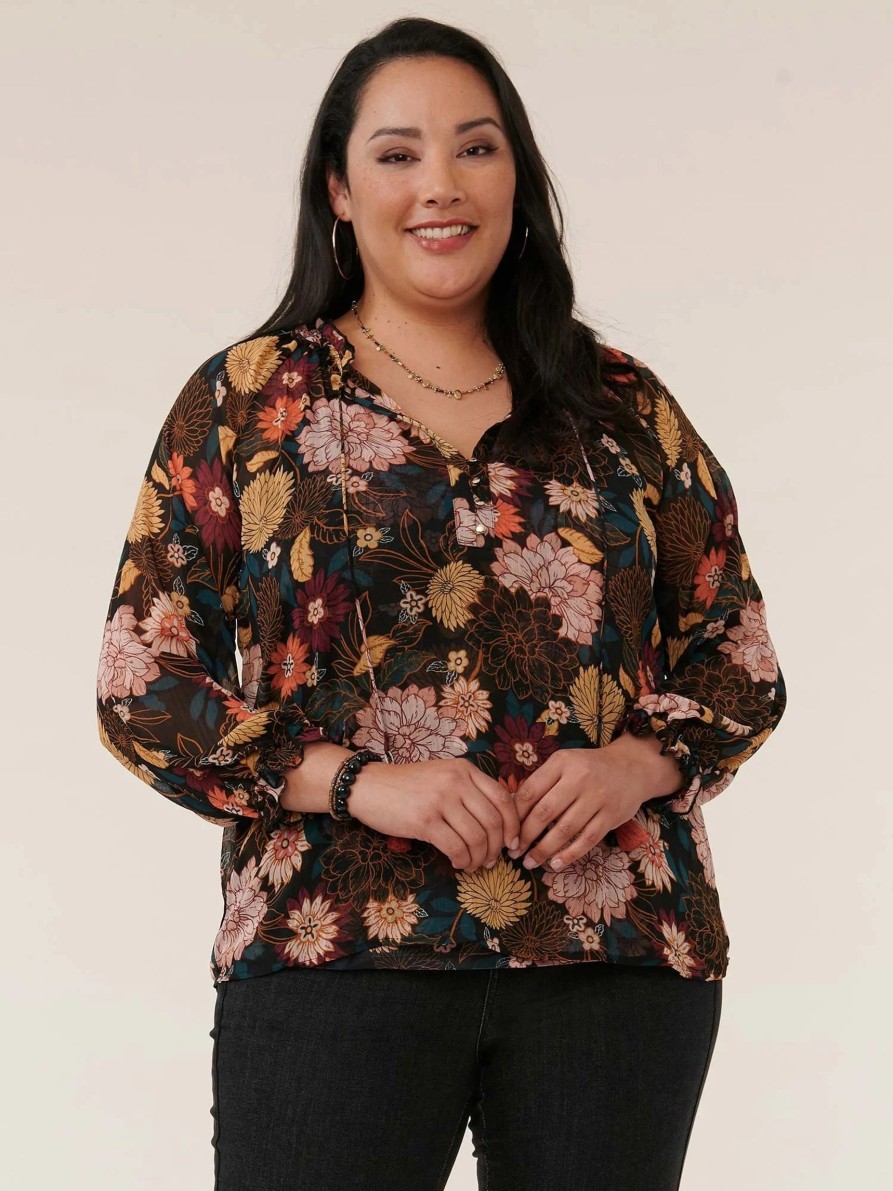 Clothing Sheer-essentials Plus Size | Long Blouson Sleeve Half Placket Floral Print Woven Plus Top - Size 3 X