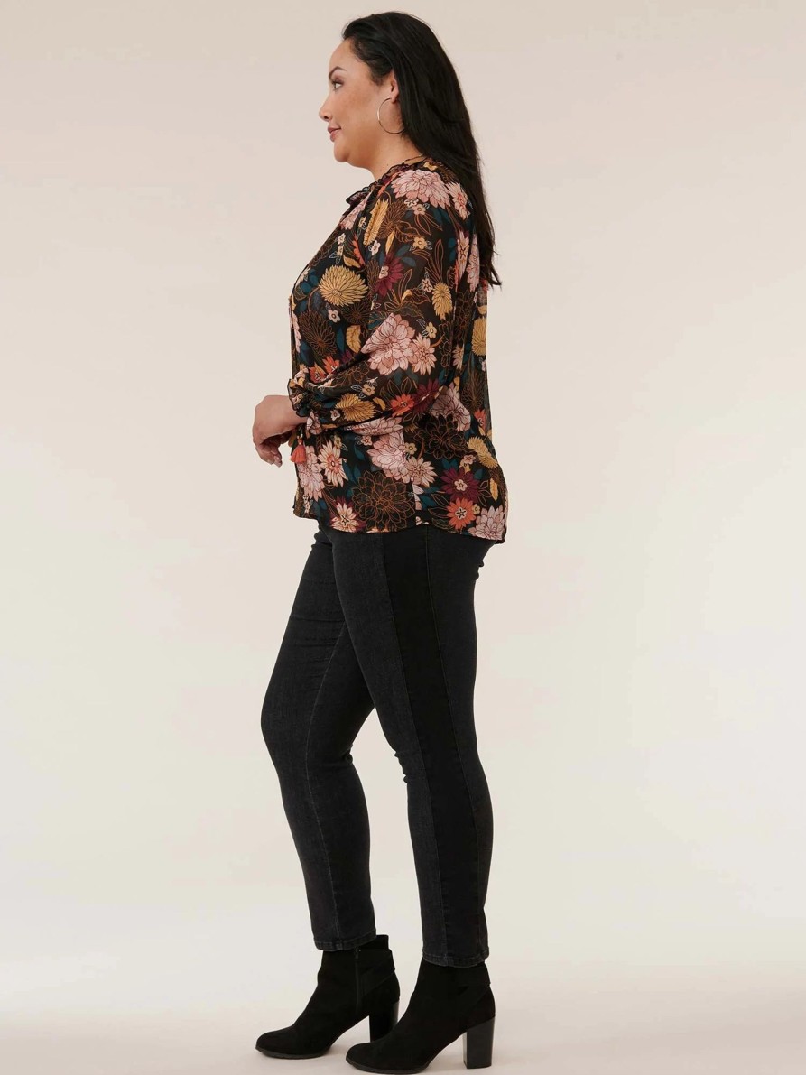 Clothing Sheer-essentials Plus Size | Long Blouson Sleeve Half Placket Floral Print Woven Plus Top - Size 3 X