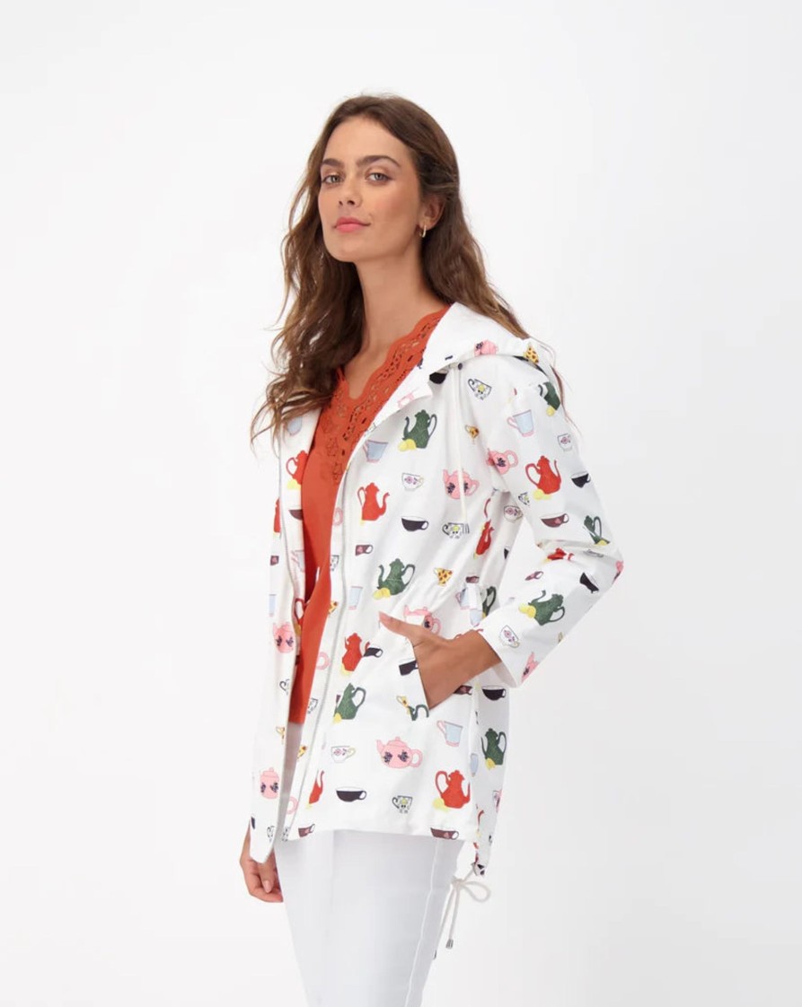 Clothing Sheer-essentials Jackets | Hooded Tea Cup Print Parka Jacket