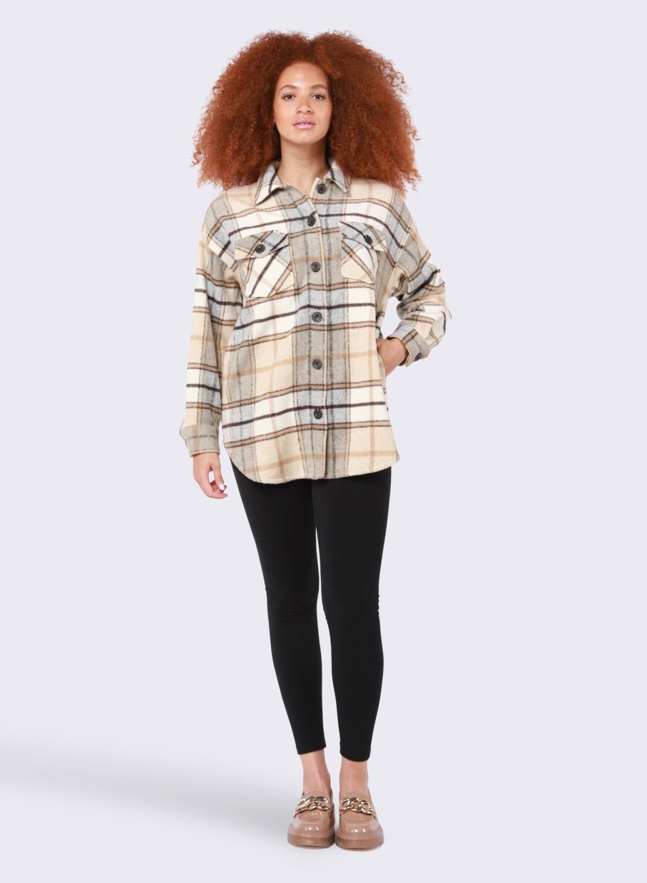 Clothing Sheer-essentials Jackets | Dex Button Front Caramel Plaid Shacket