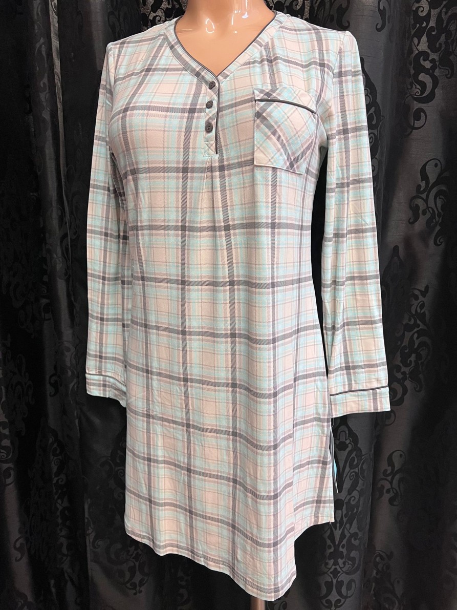 Lingerie & Intimates Sheer-essentials Nightgowns | Just Being Me V-Neck Plaid Henley Sleepshirt