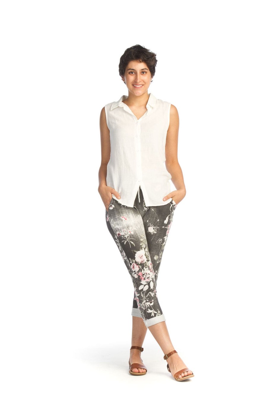 Clothing Sheer-essentials Capris | Floral Blossom Stretch Cotton Blend Pants - Size Large