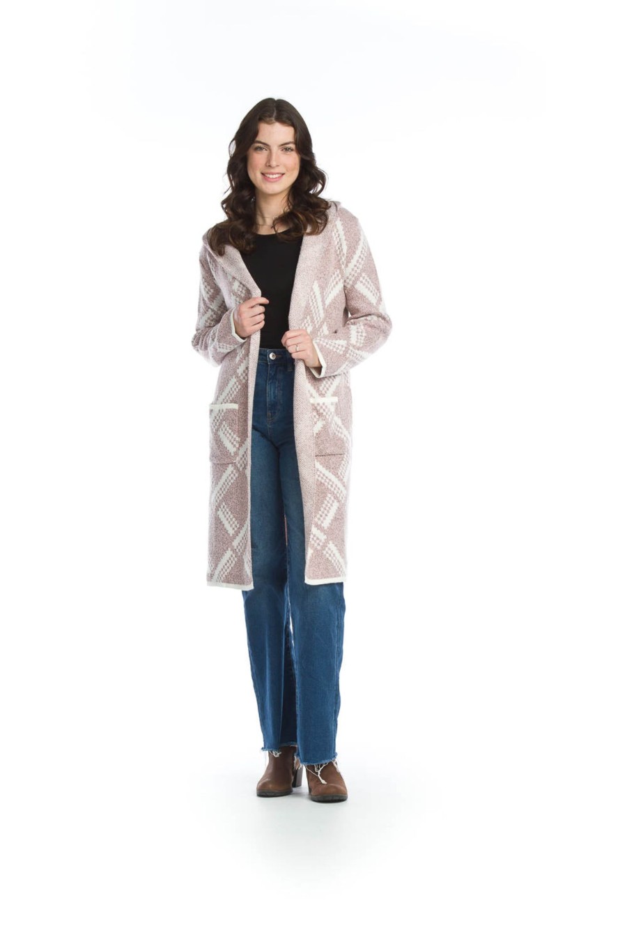 Clothing Sheer-essentials Coats | Diamond Knit Long Hooded Coat