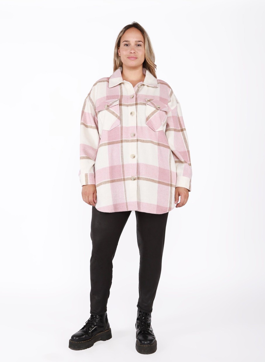 Clothing Sheer-essentials Jackets | Dex Button Front Pink Plaid Shacket