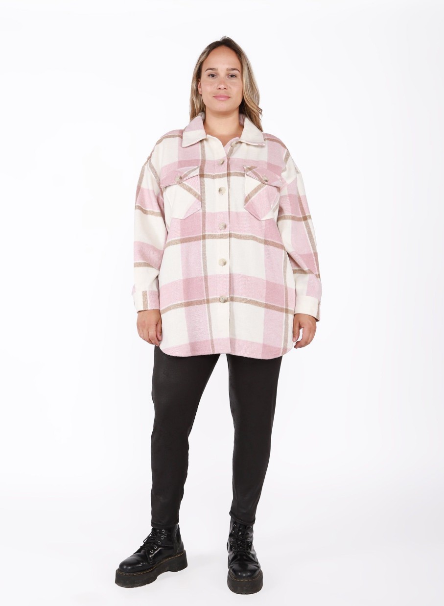 Clothing Sheer-essentials Plus Size | Dex Button Front Pink Plaid Shacket