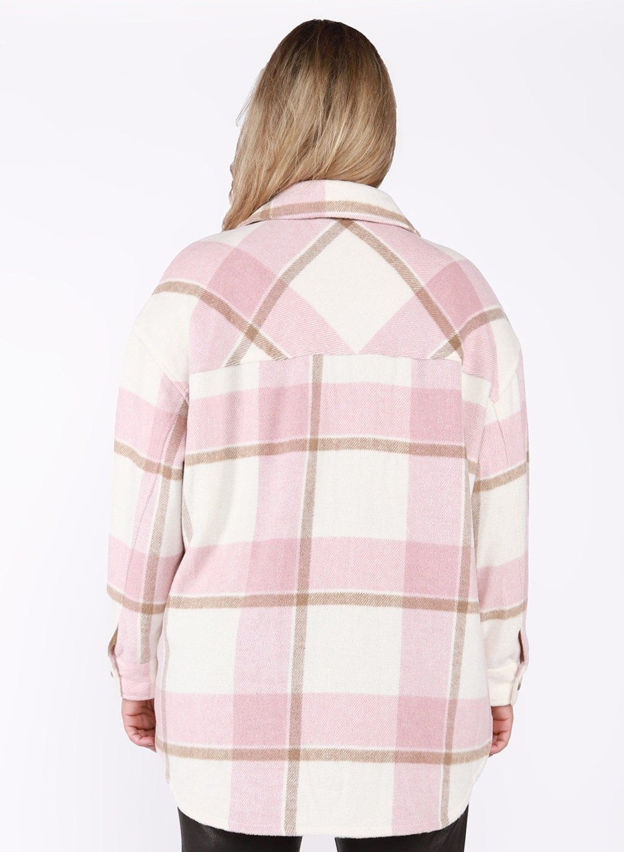 Clothing Sheer-essentials Plus Size | Dex Button Front Pink Plaid Shacket